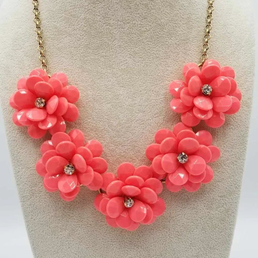 J Crew Coral / Orange Resin Floral Necklace with Crystals